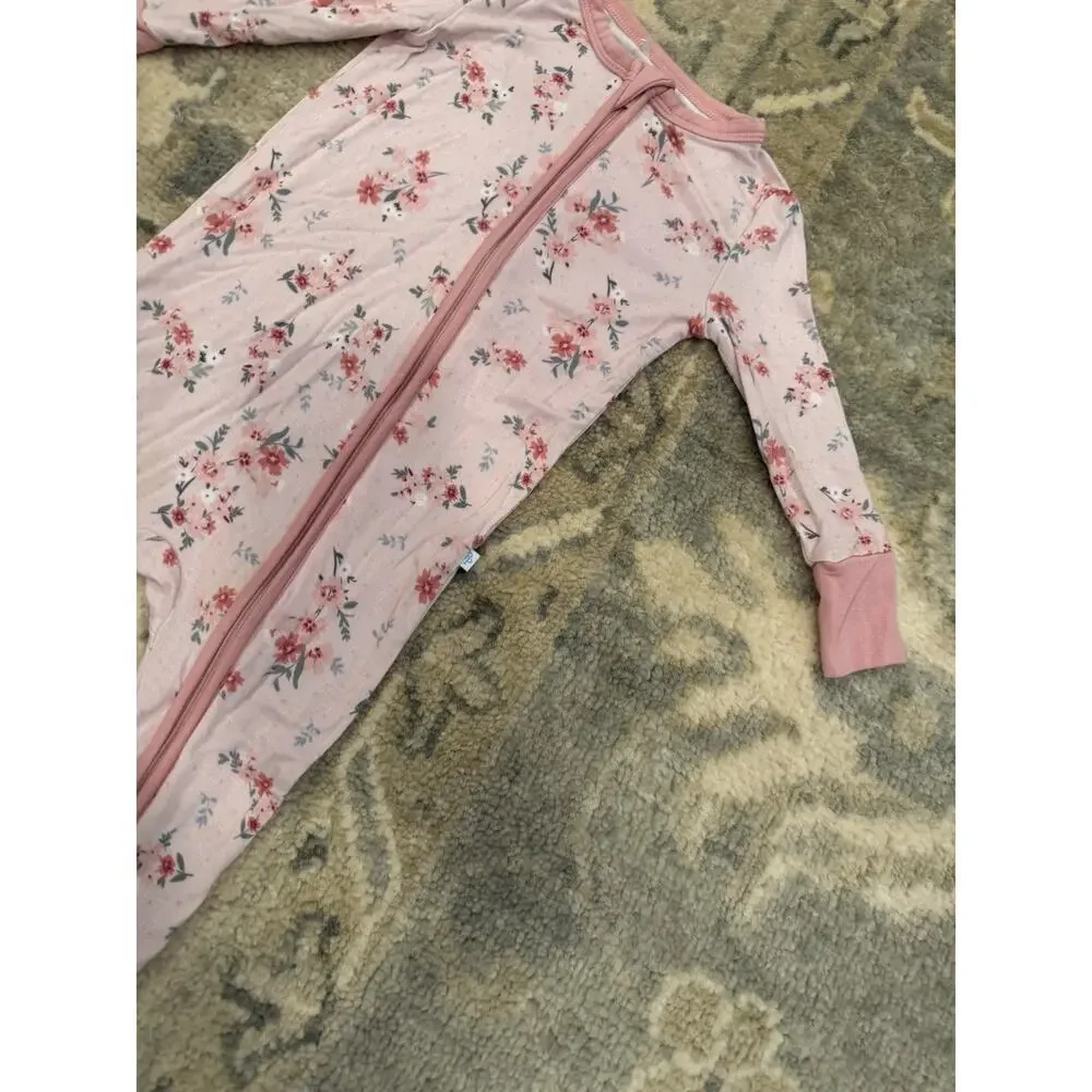 Posh Peanut Pink Floral Bamboo Foldover Feet Zipper Romper 9-12 Months NEW